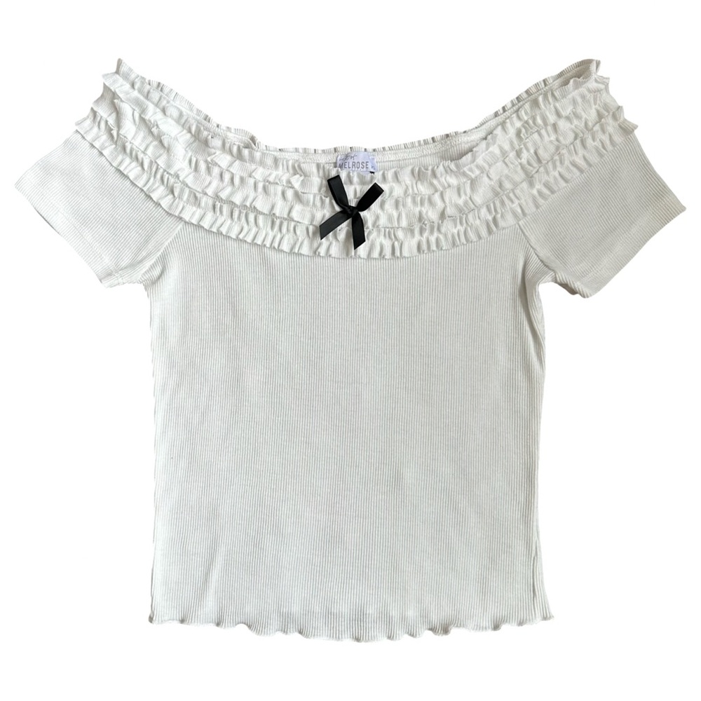 West of Melrose White Ruffled Off-Shoulder Cropped Coquette Top with‎ Bow XS EUC